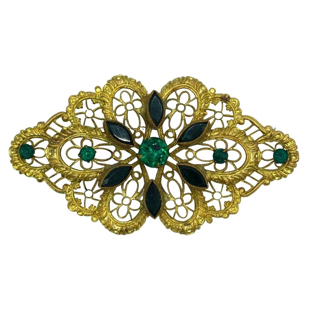 Vintage Antique Green Rhinestone Brooch Gold Tone Filigree Victorian Costume Jew